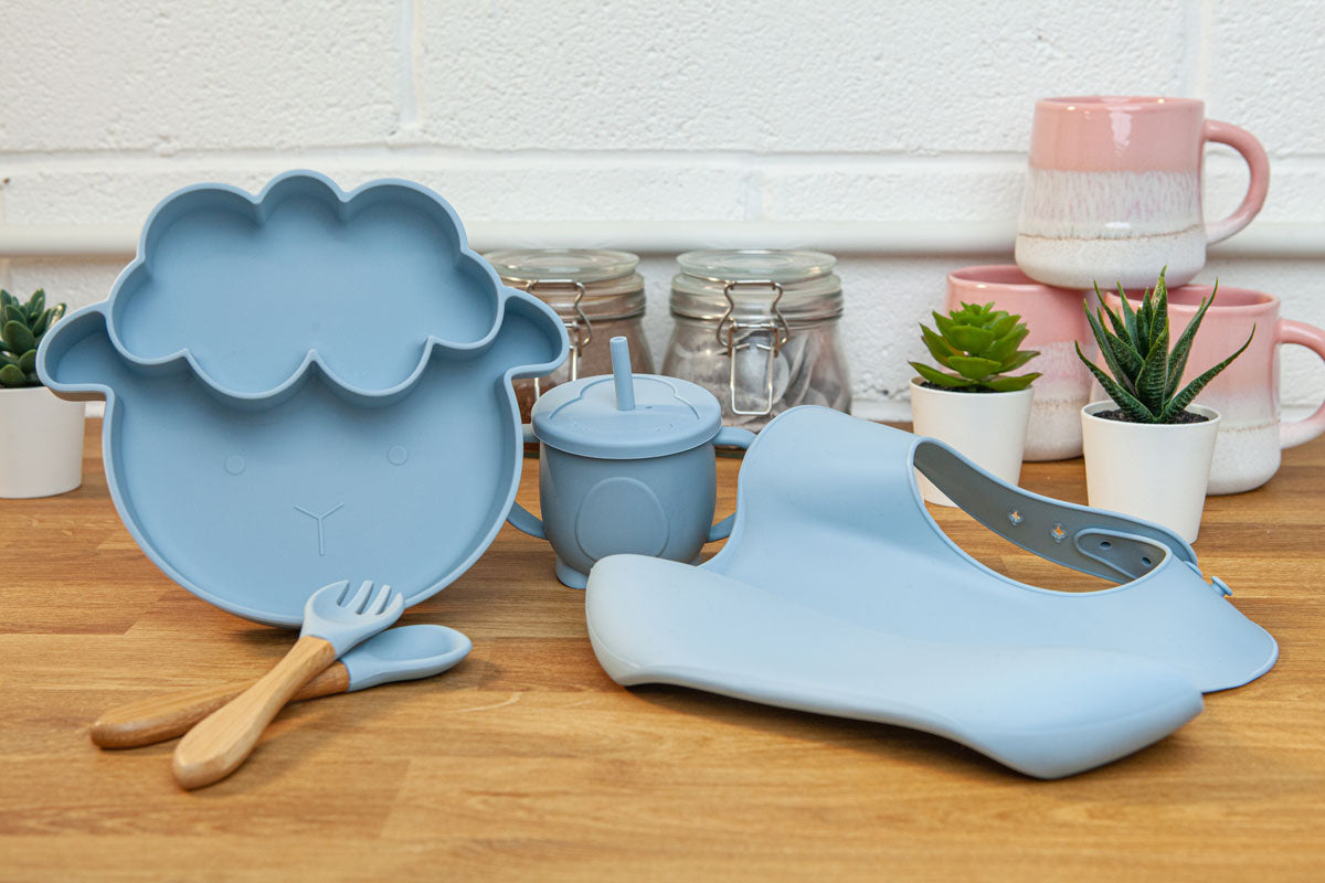 Silicone Tableware Set. SHEEP - Plate, cup, bib, fork and spoon